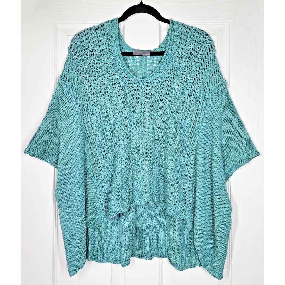 Wooden Ships Maui‎ Chunky V-Neck Open Knit Poncho Sweater S/M Beach Coastal Boho